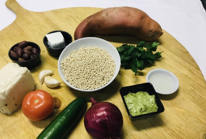 Mediterranean Halloumi Bowl with Pearl Couscous and Olives ingredients